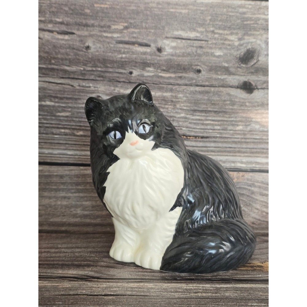 Vintage Ceramic Tuxedo Cat Planter Black White Longhair Feline Pot Takashi Japan